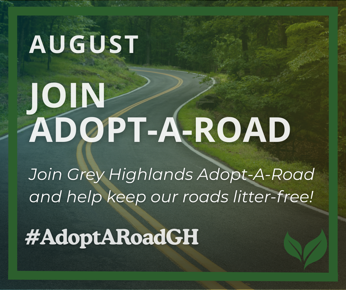 A promotional graphic for Grey Highlands' Adopt-A-Road program. The background shows a winding two-lane paved road curving through a lush green forest. A dark green border frames the image. Large white text reads “AUGUST” and “JOIN ADOPT-A-ROAD.” Below, s