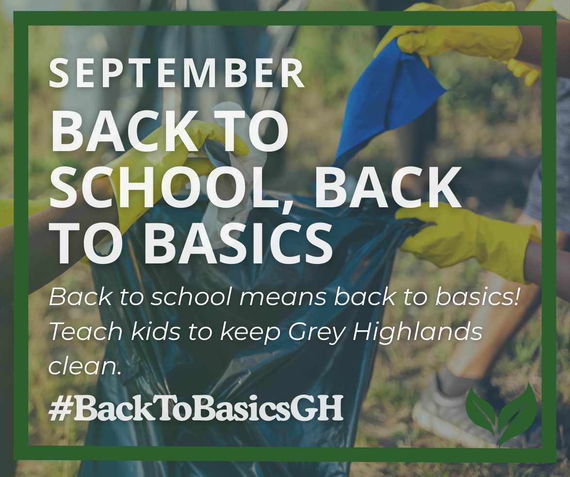 A promotional graphic encouraging environmental responsibility during the back-to-school season. The background shows several people wearing bright yellow gloves collecting litter outdoors and placing it into a large black garbage bag. A dark green border
