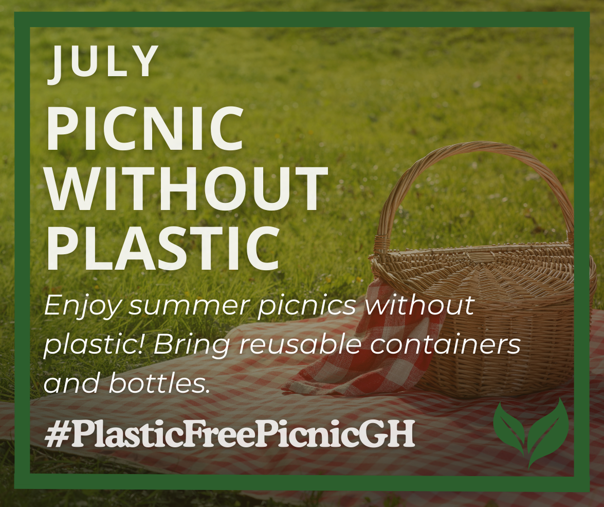 A public awareness graphic promoting plastic-free picnics in July. The image shows a wicker picnic basket sitting on a red-and-white checkered picnic blanket spread across a grassy field. A dark green border frames the image. Large white text on the left 