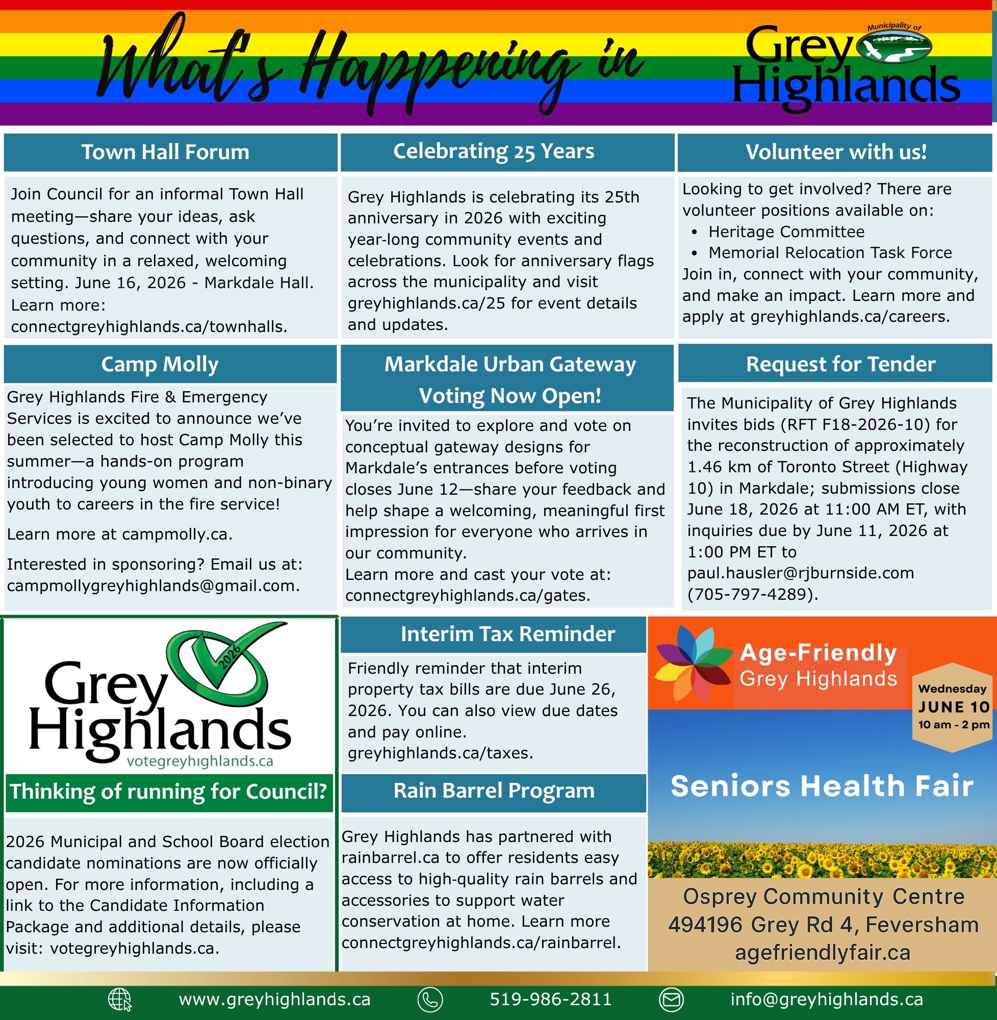 Grey Highlands event flyer highlighting heritage by‑laws, volunteer opportunities, a community safety survey, public meetings, and municipal council information. Residents are encouraged to subscribe to visually accessible, bi‑weekly email updates 