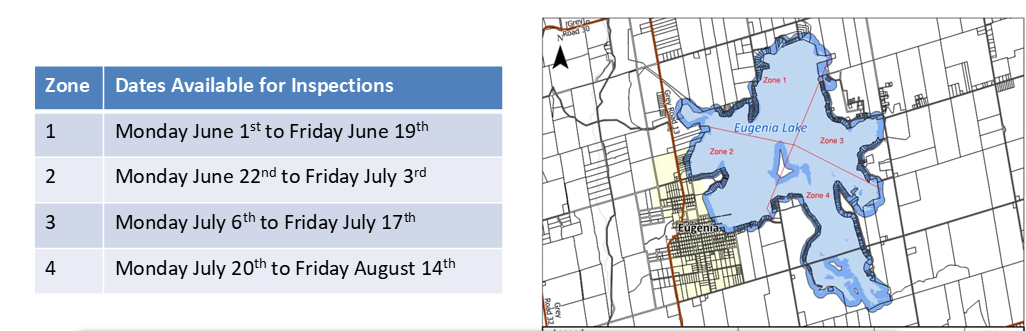 Alt text: "Booking Your Inspection guide with details on scheduling inspections from June 1 to August 14, mapped in four zones around Eugenia Lake. Includes contact email for booking."