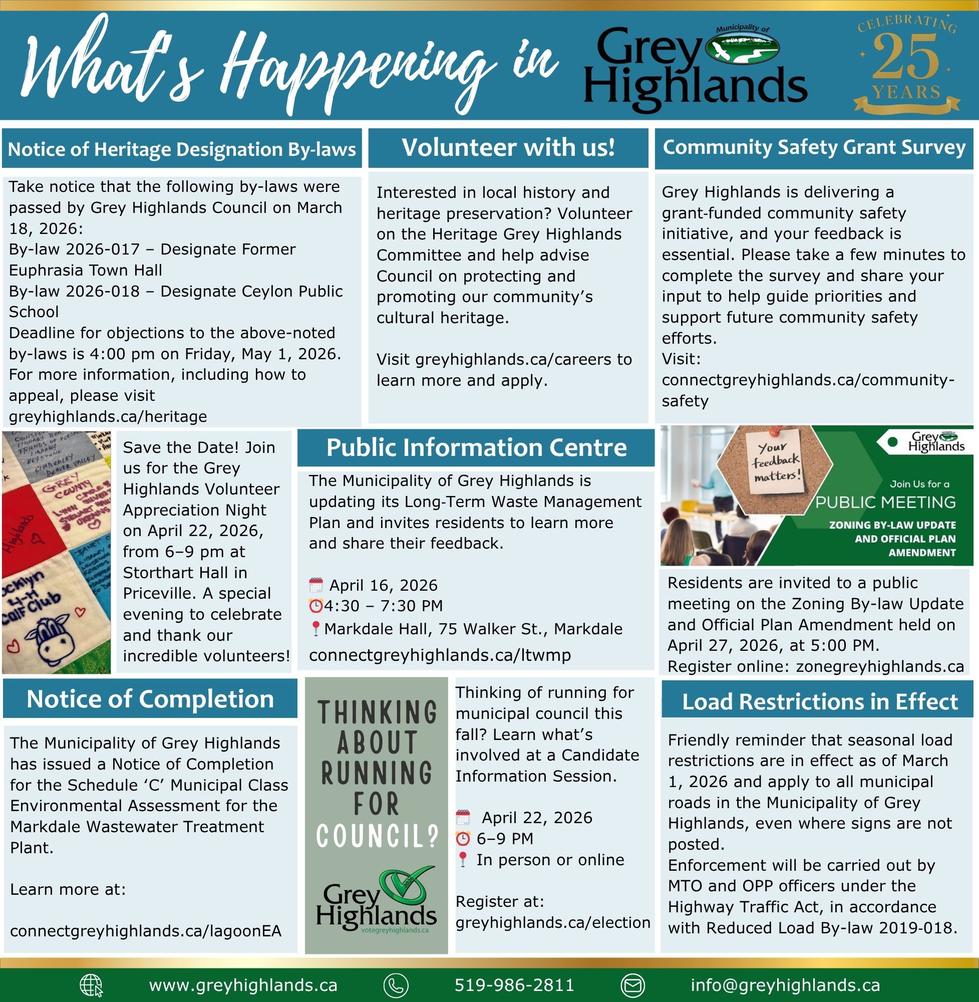 Grey Highlands event flyer highlighting heritage by‑laws, volunteer opportunities, a community safety survey, public meetings, and municipal council information. Residents are encouraged to subscribe to visually accessible, bi‑weekly email updates 