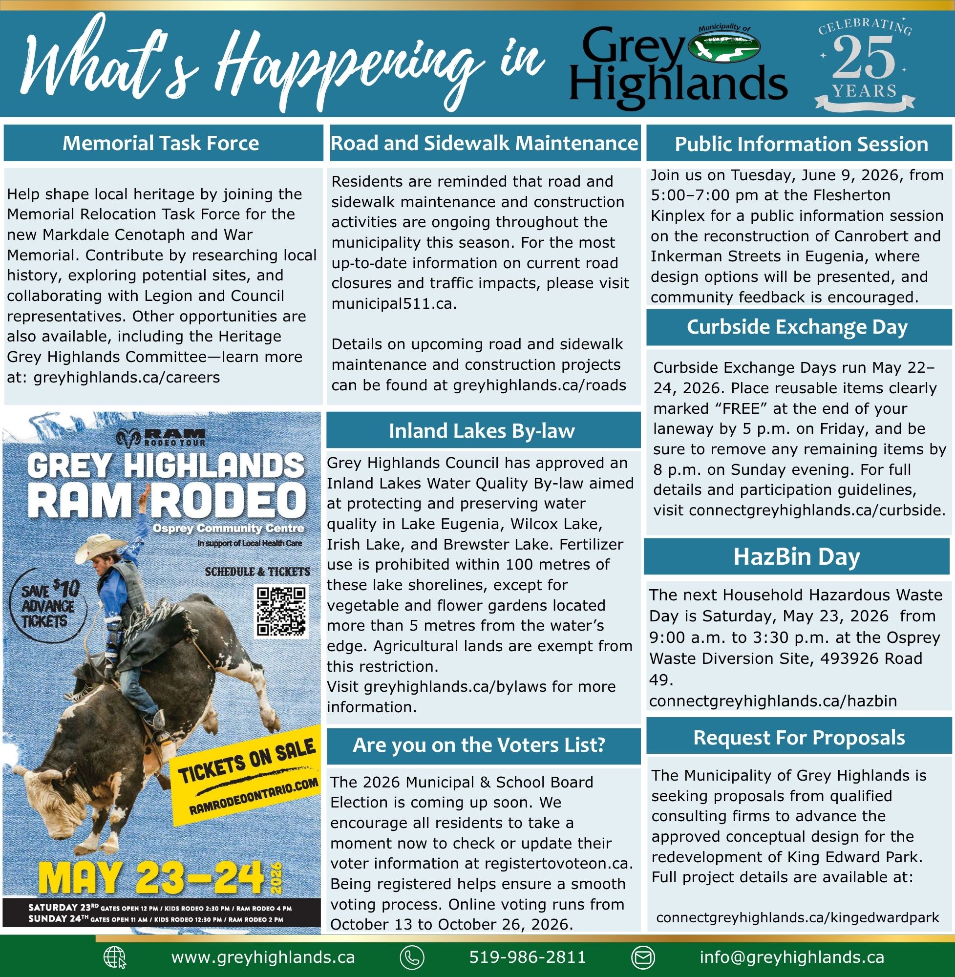 Grey Highlands event flyer highlighting heritage by‑laws, volunteer opportunities, a community safety survey, public meetings, and municipal council information. Residents are encouraged to subscribe to visually accessible, bi‑weekly email updates 
