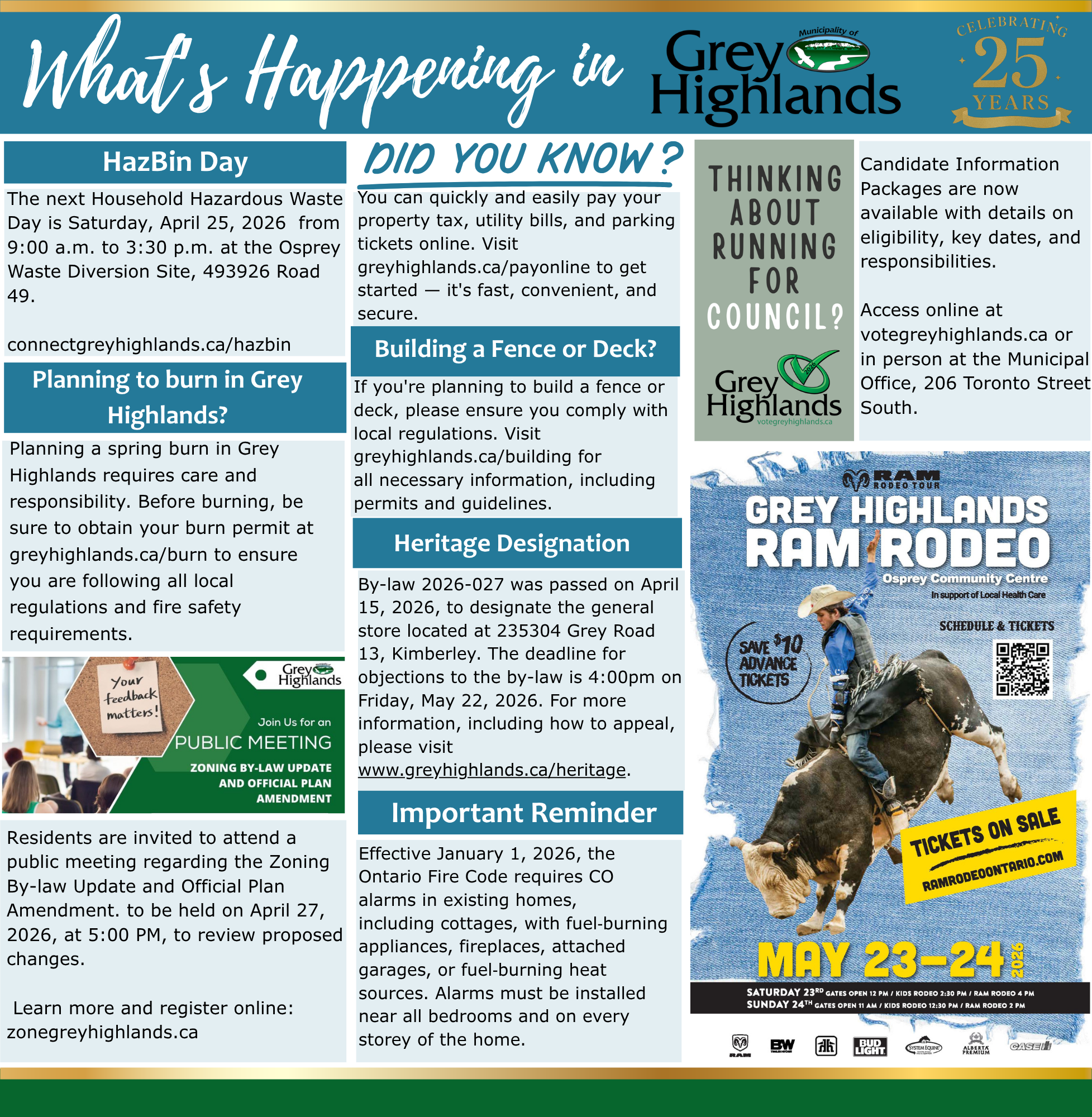 Grey Highlands event flyer highlighting heritage by‑laws, volunteer opportunities, a community safety survey, public meetings, and municipal council information. Residents are encouraged to subscribe to visually accessible, bi‑weekly email updates 